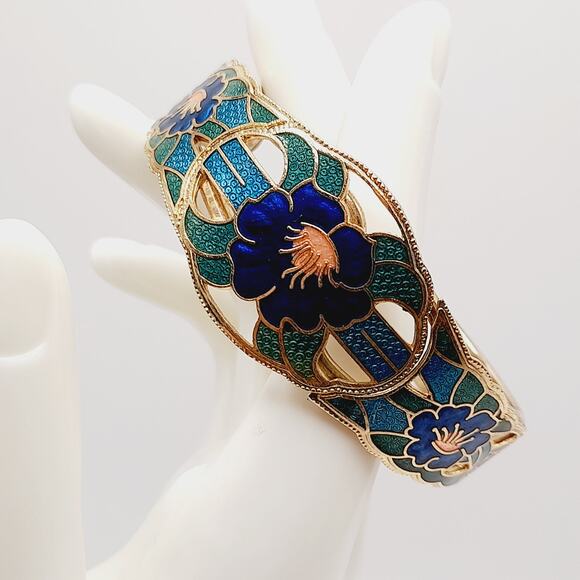 Vintage Cloisonné Hinged Bracelet 6 3/4" Blue Green Floral Enamel Gold Tone - Picture 1 of 10